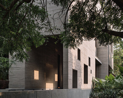 square openings punctuate wood-textured concrete facade of studio saransh's house in india