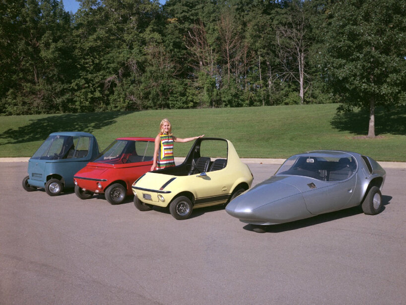 from right: the GM 512 Hybrid, 512 Electric, 512 Gasoline and the three-wheeled XP511 on display at the 1969 Progress of Power exhibition in Warren, Michigan