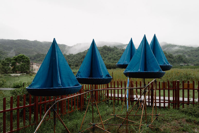 five blue water droplet baskets by canalside studio harvest rainwater in rural hong kong