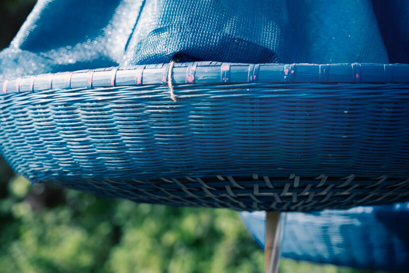 five blue water droplet baskets by canalside studio harvest rainwater in rural hong kong