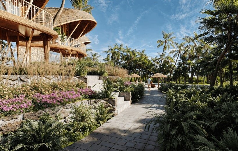 boutique hotel in bali by archigods opens like a blooming ring of pistachio shells