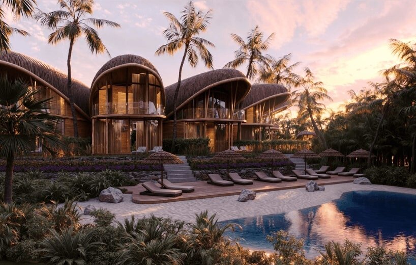 boutique hotel in bali by archigods opens like a blooming ring of pistachio shells