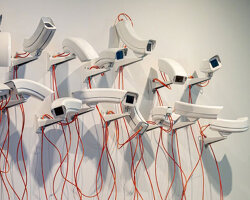 jakub geltner bends surveillance cameras into curved installations for exhibition in belgium