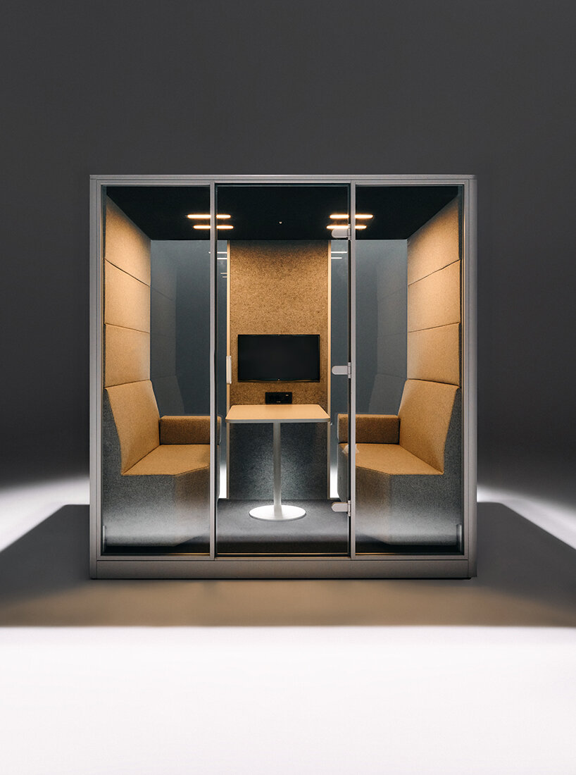 nurus designs quiet in the office with the calma modular acoustic pod on wheels