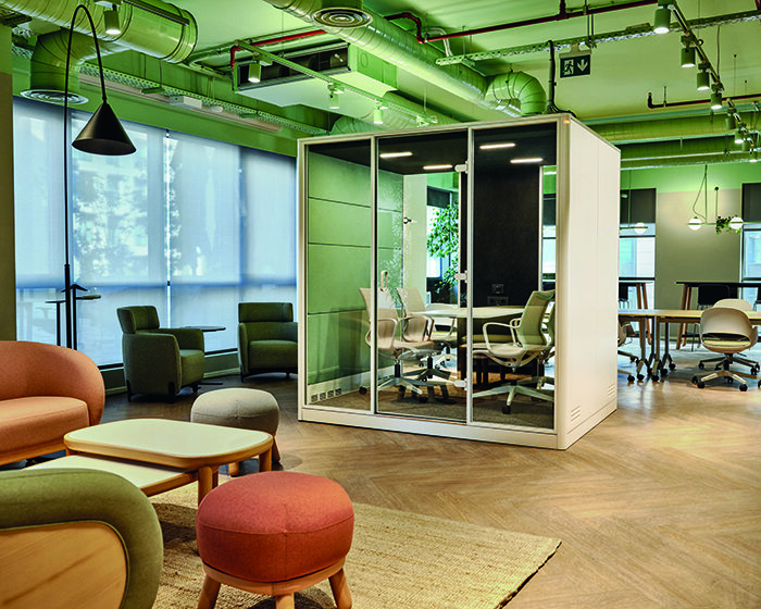 nurus designs quiet in the office with the calma modular acoustic pod on wheels