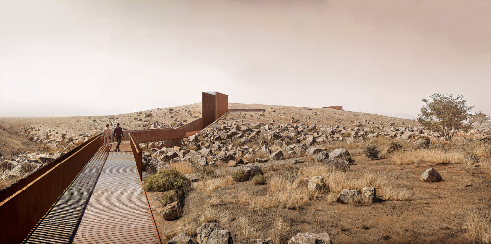 pragma. carves rock art visitors center into rugged terrain of archaeological site in UAE