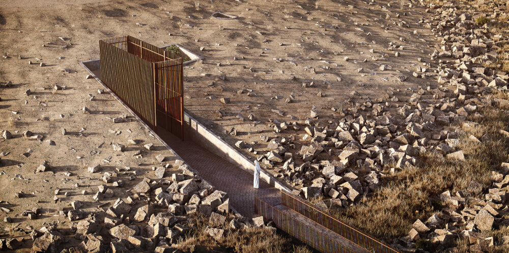 pragma. carves rock art visitors center into rugged terrain of archaeological site in UAE