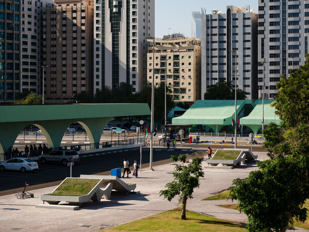 daniel buren's stripes & zainab alhashemi's concrete sculptures frame abu dhabi bus terminal
