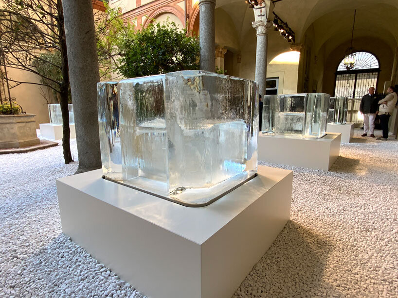 tokujin yoshioka's sculptural chairs made from frozen water melt during milan design week