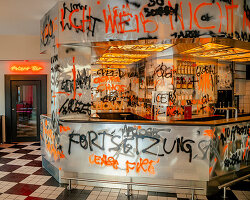 aluminum bar installation anchors 'central' café reopening in cologne by gathering gallery