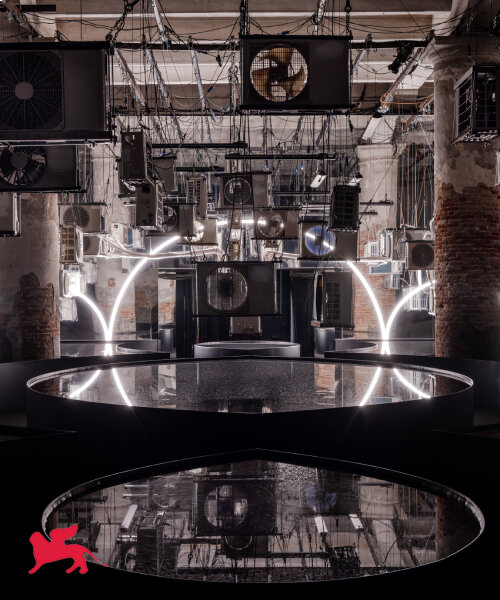 suspended air conditioners & water pools confront global energy impacts at venice biennale