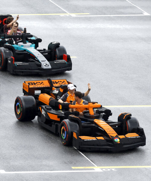 full-size F1 cars made of LEGO bricks drive around miami grand prix
