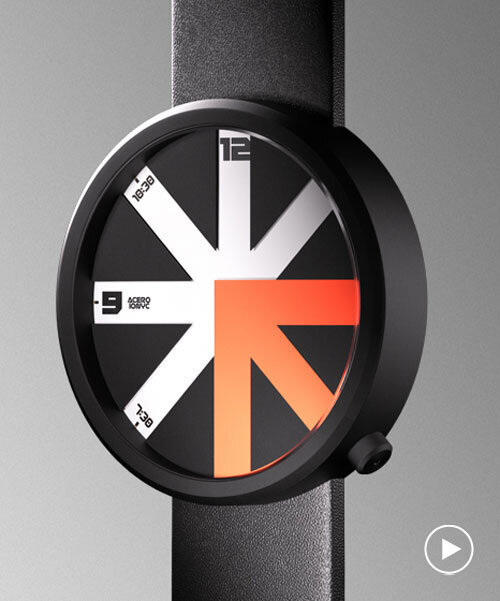 colored arrow dial rotates over eight transparent dividers in ion lucin's arrowatch