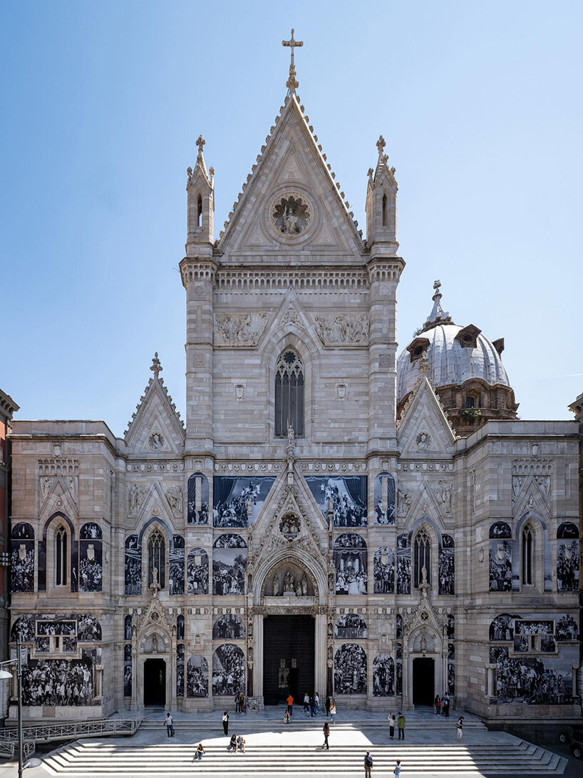JR covers the facade of naples' cathedral with black-and-white living portrait of the city