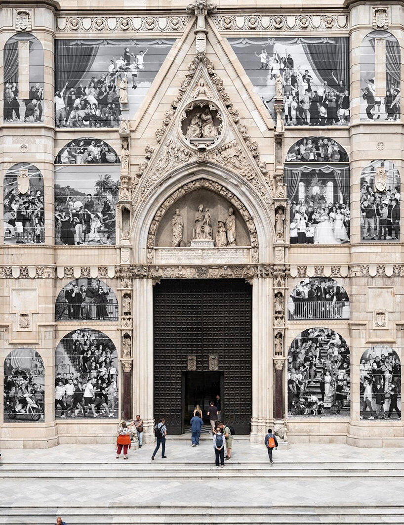 JR covers the facade of naples' cathedral with black-and-white living portrait of the city