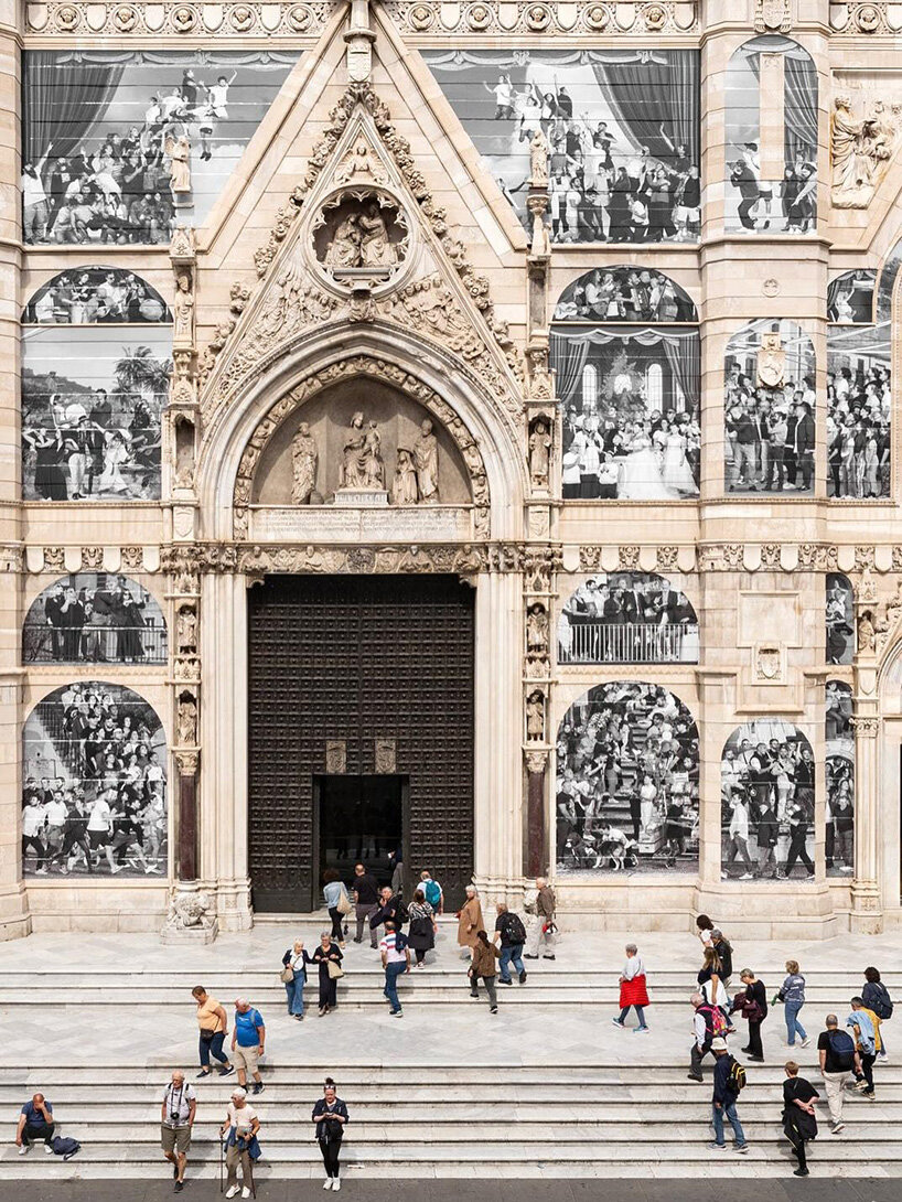 JR covers the facade of naples' cathedral with black-and-white living portrait of the city