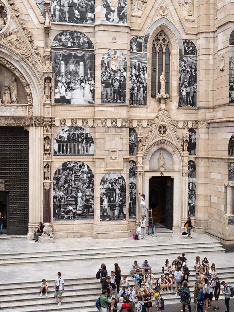 JR covers the facade of naples' cathedral with black-and-white living portrait of the city