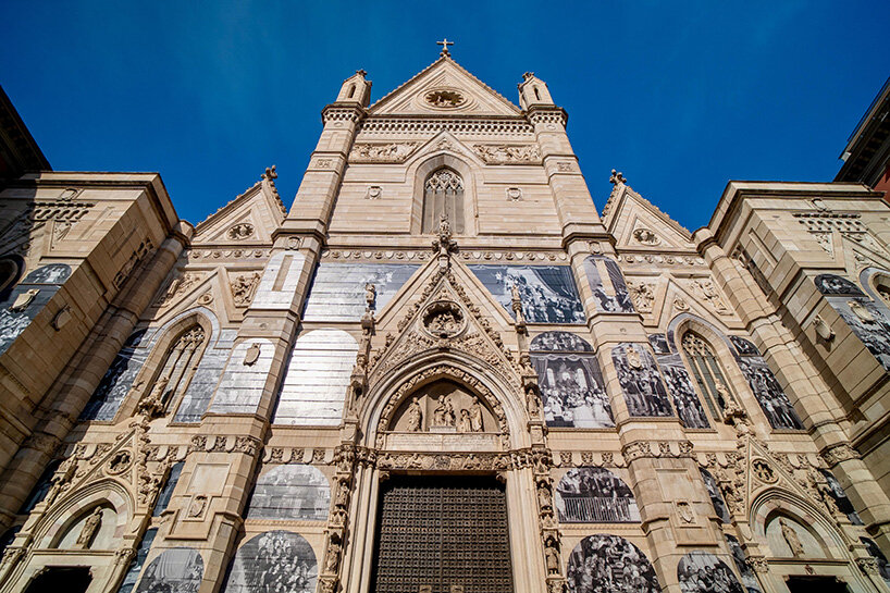 JR covers the facade of naples' cathedral with black-and-white living portrait of the city