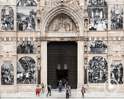 JR covers the facade of naples' cathedral with black-and-white living portrait of the city