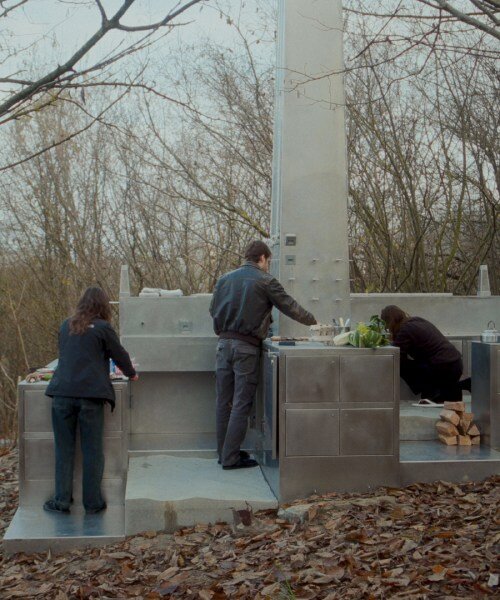 carroccera collective's open-air steel house in italian forest reimagines ritualistic living