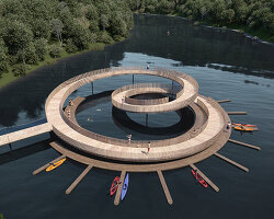 X atelier's wooden mobius pier rises in a loop from a riverbank in portugal