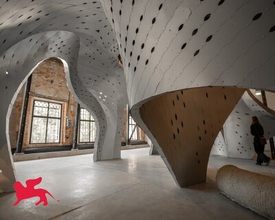 sinuous aluminum gathering space anchors venice architecture biennale's first oman pavilion