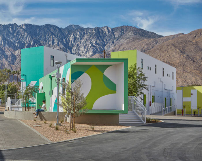 vibrant gradient hues animate homeless navigation center by JFAK in palm springs