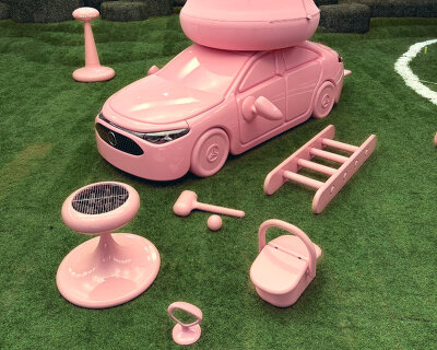 it’s a pink party with gustaf westman’s camping gear and picnic table for mercedes-benz CLA
