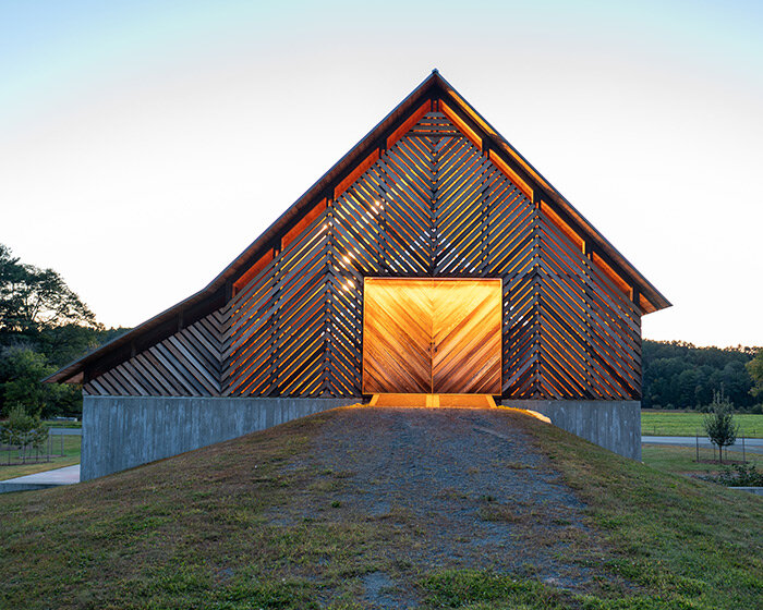 sylvia richards-designed lyme barn glows like a patterned lantern in new england