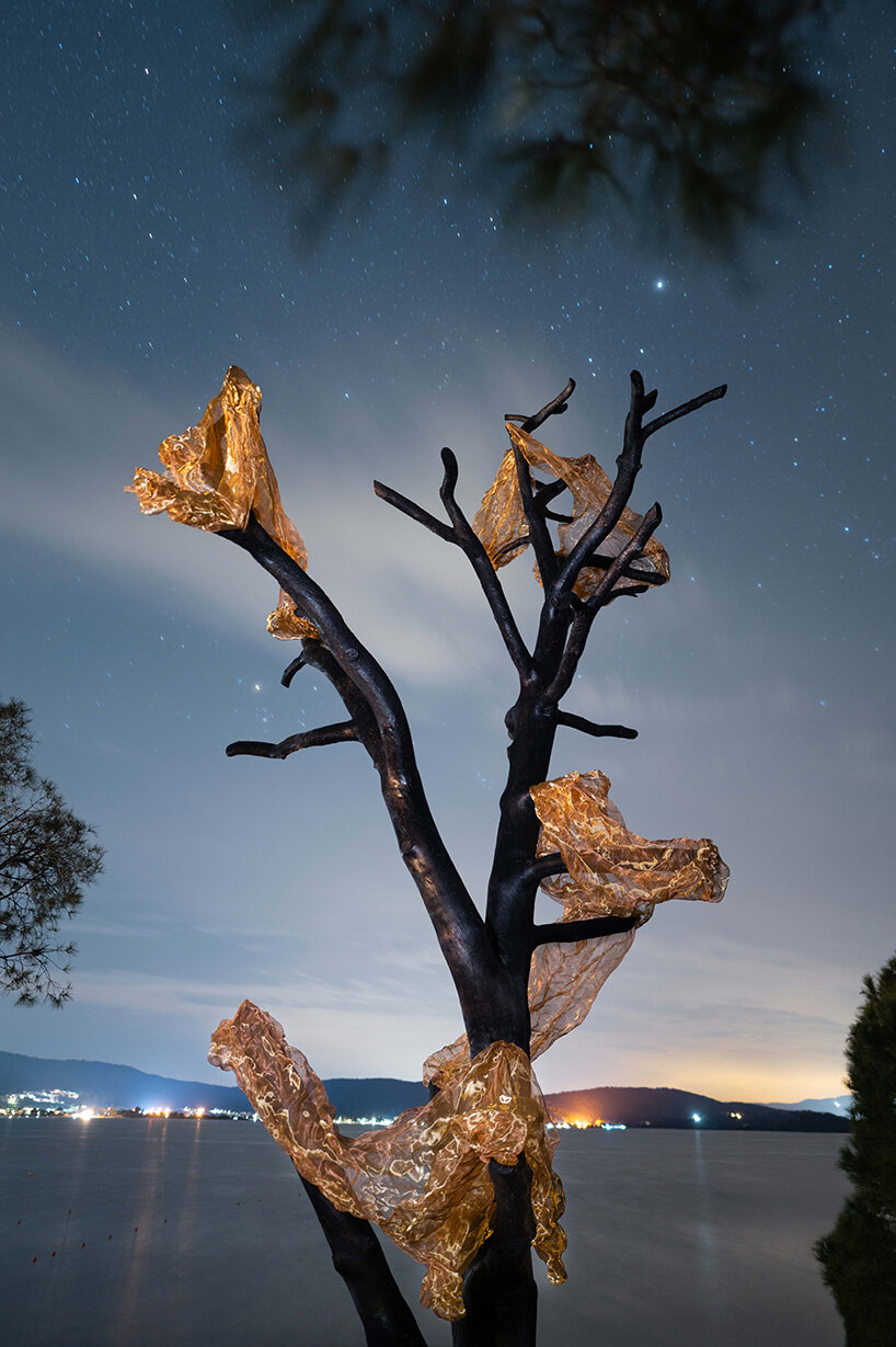 thanos zakopoulos transforms fallen pine into fiery symbol of rebirth at ekies resort in greece