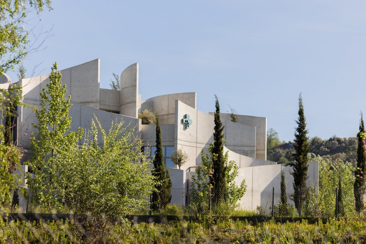 davide macullo's veterinary clinic hides behind a cluster of concrete curves in albania