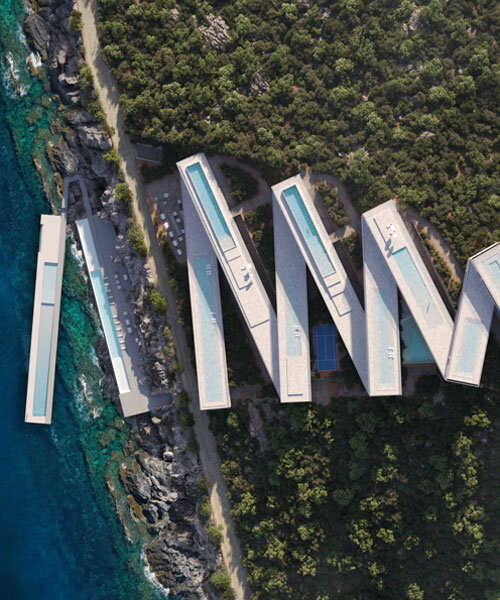 zigzag resort extends linear terraces and infinity pools along albania’s rugged coastline