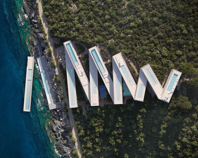 zig-zag resort extends linear terraces and infinity pools along albania’s rugged coastline