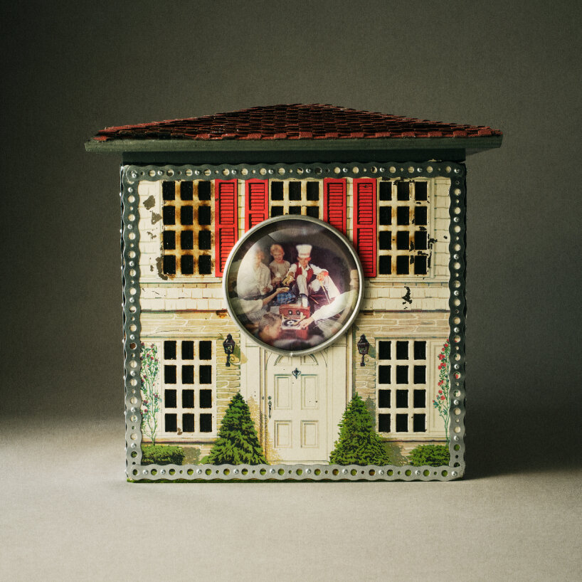 on the outside, round glasses with a glossy surface treasure retro images within them