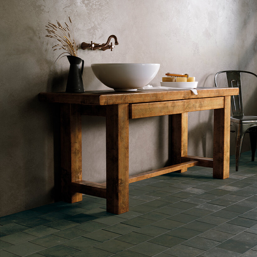 iris ceramica layers oak, stone and cotto into armonie modular ceramic surface system