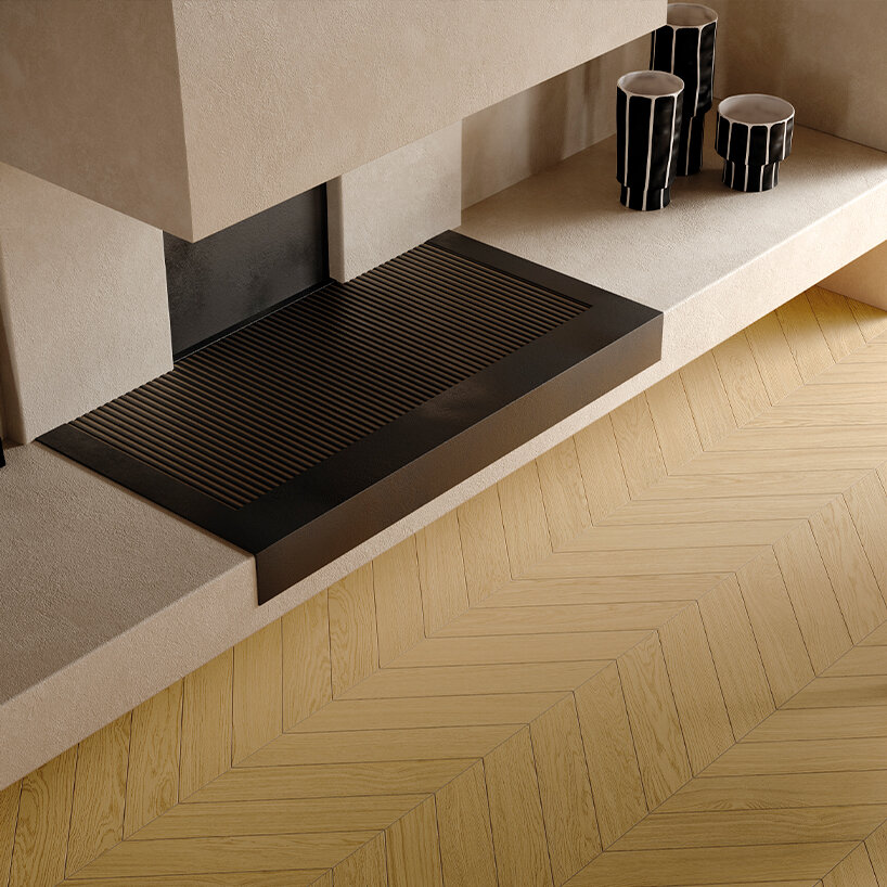 iris ceramica layers oak, stone and cotto into armonie modular ceramic surface system