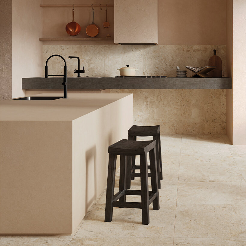 iris ceramica layers oak, stone and cotto into armonie modular ceramic surface system