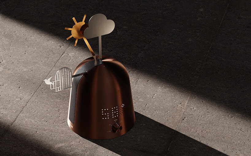 kinetic device by gustav rosén reflects sky conditions with metal weather symbols