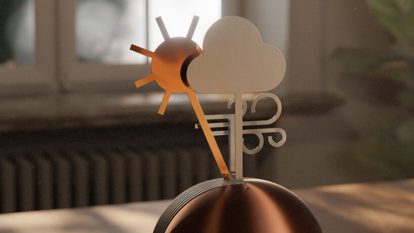 kinetic device by gustav rosén reflects sky conditions with metal weather symbols
