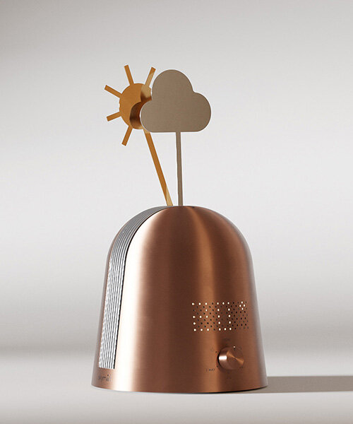 kinetic device by gustav rosén reflects sky conditions with metal weather symbols