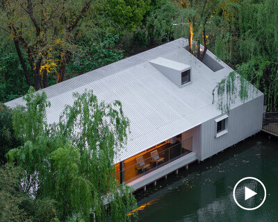 wutopia lab's prefabricated waterfront pavilion in shanghai wraps in aluminum & ceramic skin