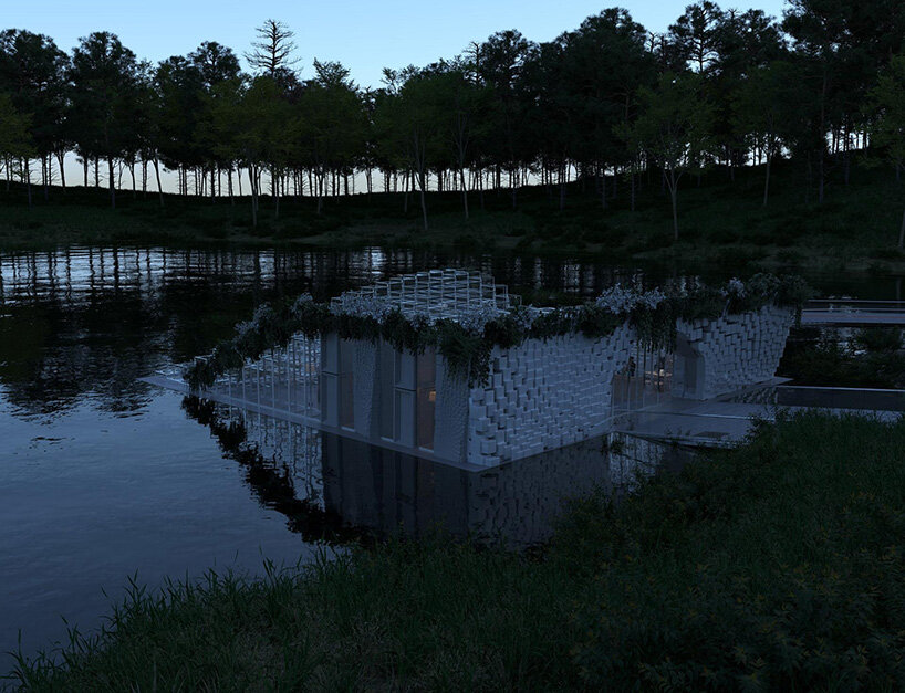 terraced stone and glass platforms shape shuai zhang's sculptural amphitheater in canada