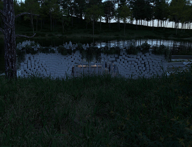 terraced stone and glass platforms shape shuai zhang's sculptural amphitheater in canada