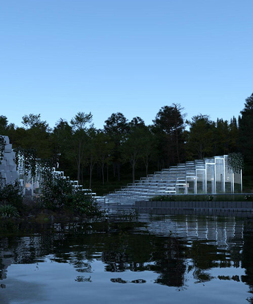 terraced stone and glass platforms shape shuai zhang's sculptural amphitheater in canada