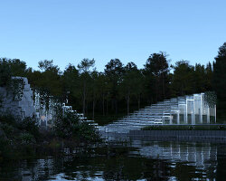 terraced stone and glass platforms shape shuai zhang's sculptural amphitheater in canada