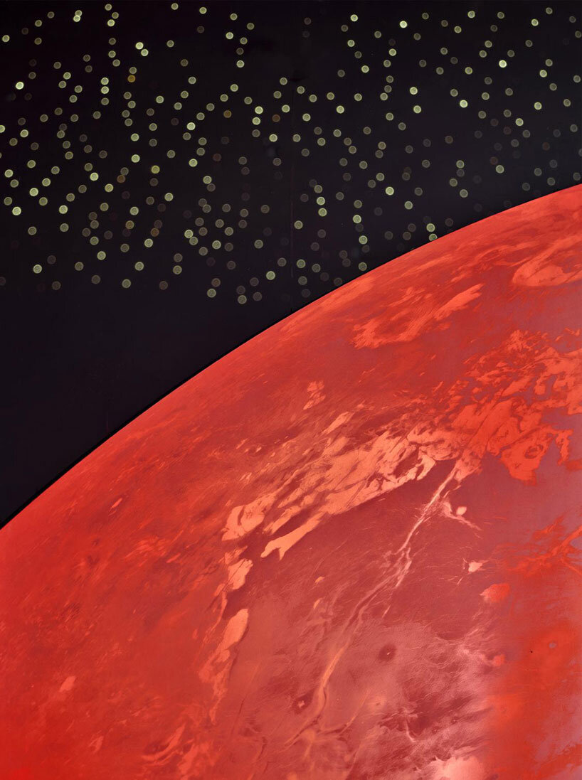 copper planet installation and red undulating seating anchor venus lounge by asap/ in beijing