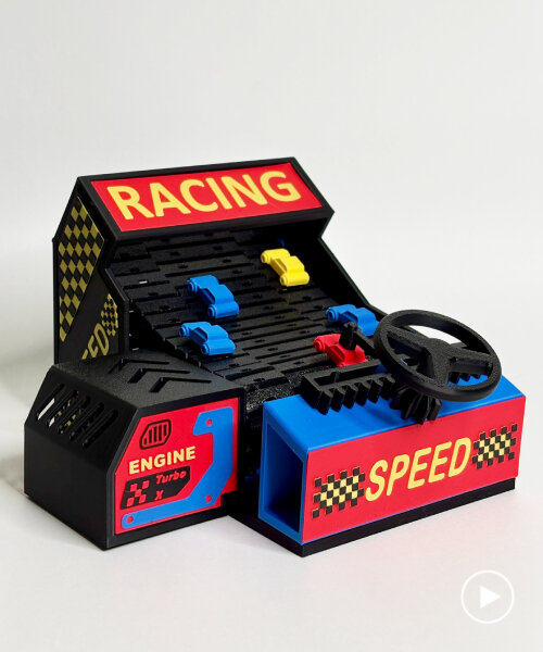 3D printed racing toy with miniature cars and steering wheel revives days of arcade games
