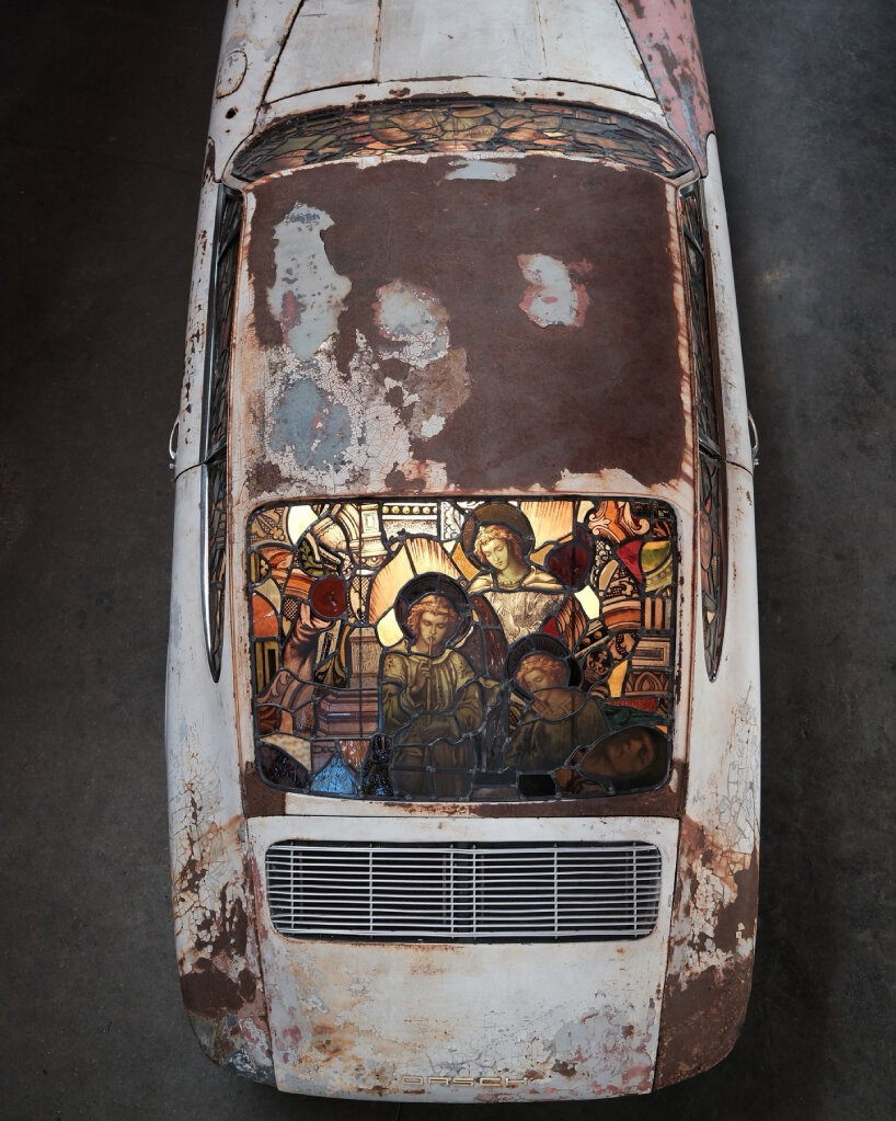 aerial view of the stained glass on the rear windshield