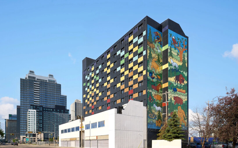 view of the the retrofit by Mitrex with murals by indigenous artist Lance Cardinal