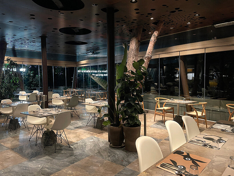 CTRLZAK channels filtered forest light in pine-inspired restaurant at ekies resort, greece